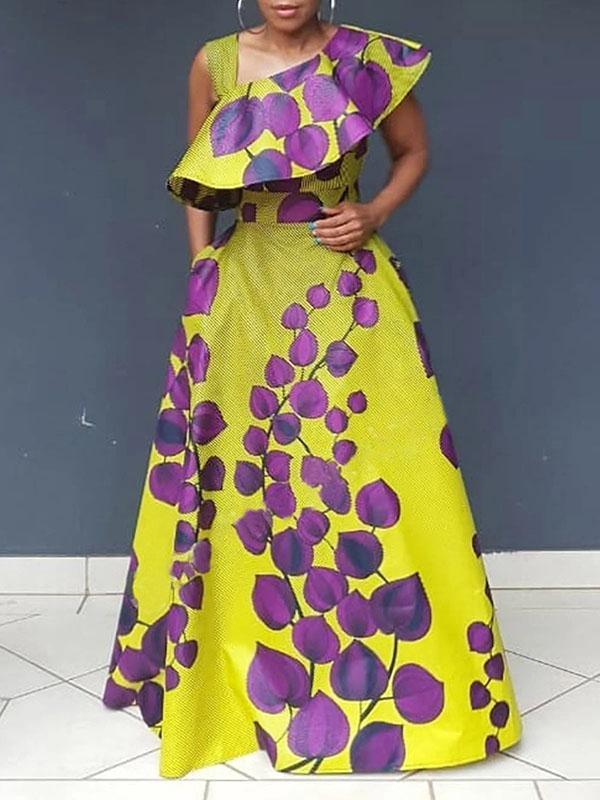 A-Line Sleeveless Asymmetric Printed Split-Joint Asymmetric Collar Evening Dresses Maxi Dresses Product Image