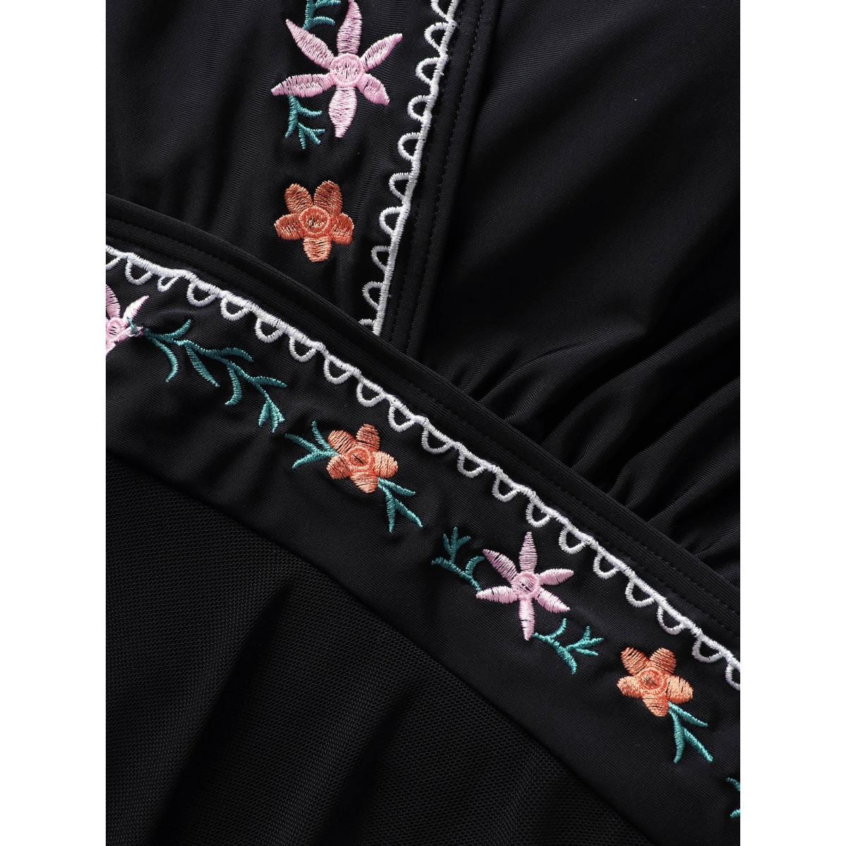 Plus Size Floral Embroidered Overlap Collar Swim Dress Women's Swimwear Black Beach Bodycon Overlap Collar High stretch Curve Swim Dresses BloomChic 26/4X Product Image