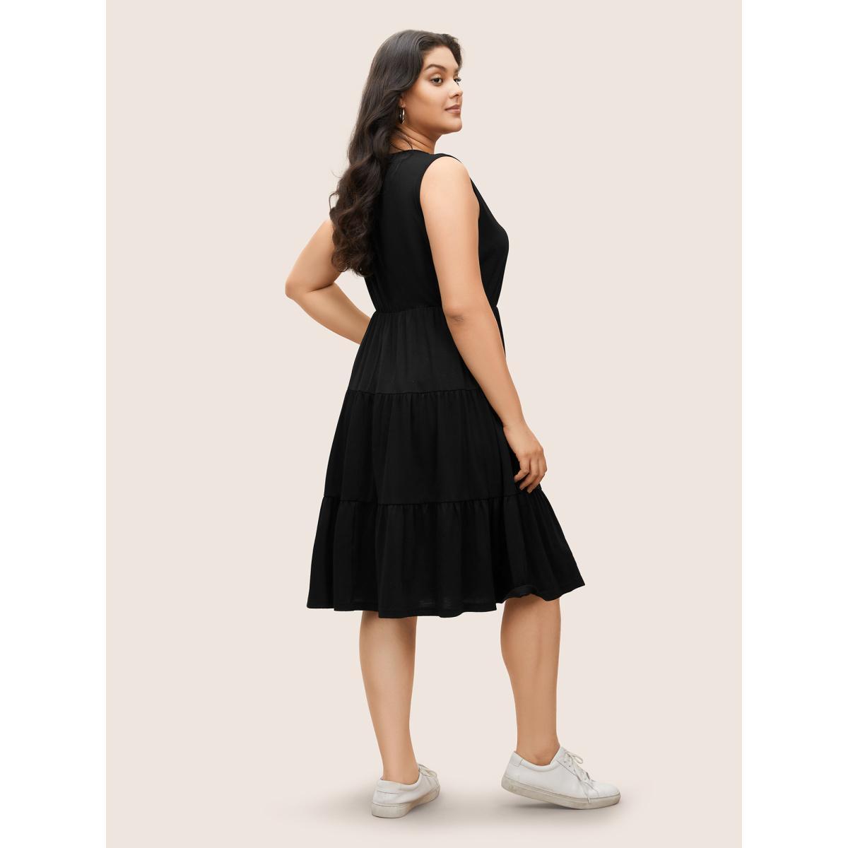 Plus Size Solid Ruffle Layered Hem Lace Up Dress Black Women Casual Tie knot V-neck Sleeveless Curvy Midi Dress BloomChic 28/5X Product Image