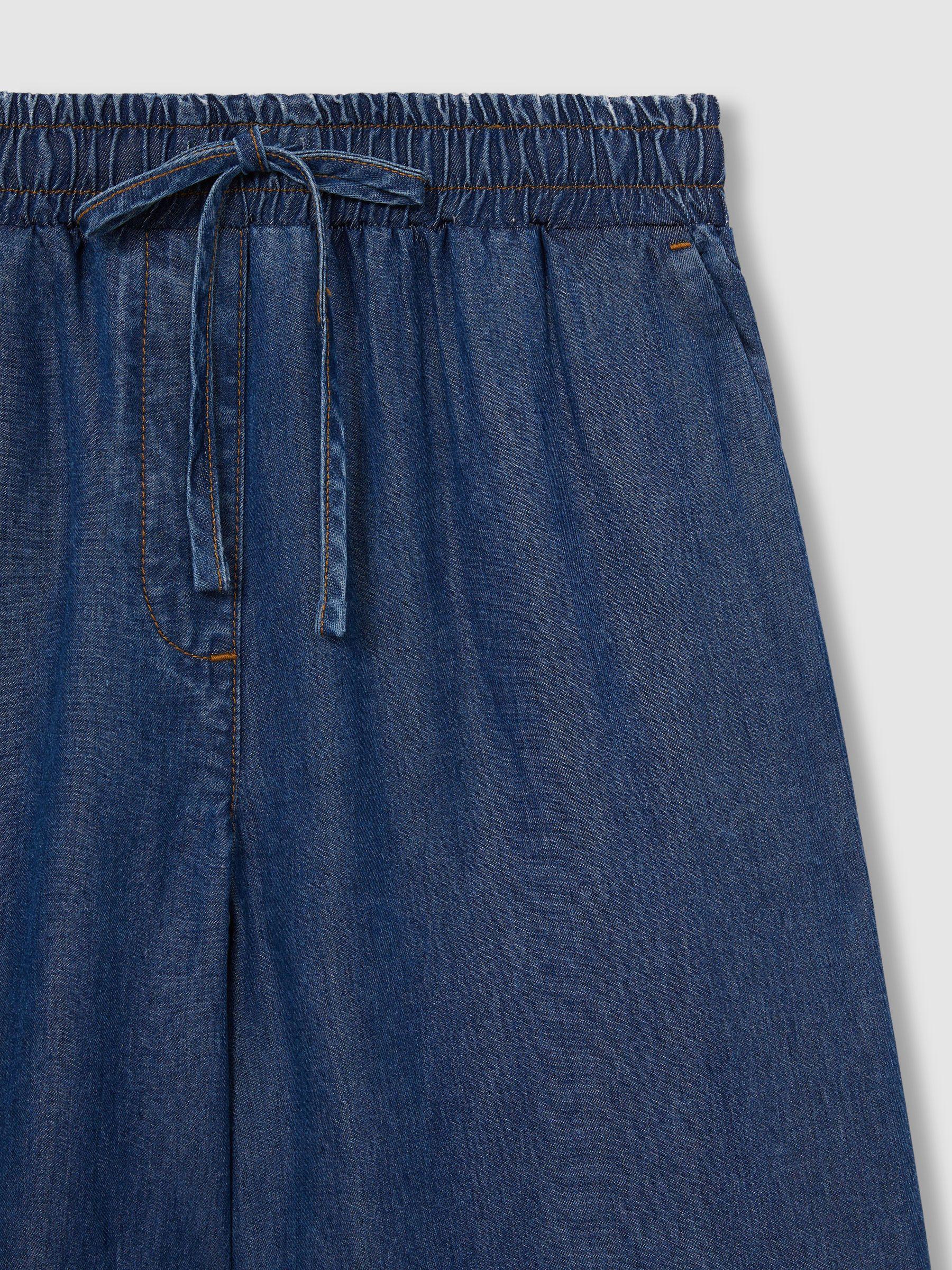Wide-Leg Chambray Drawstring Trousers in Mid Blue Product Image