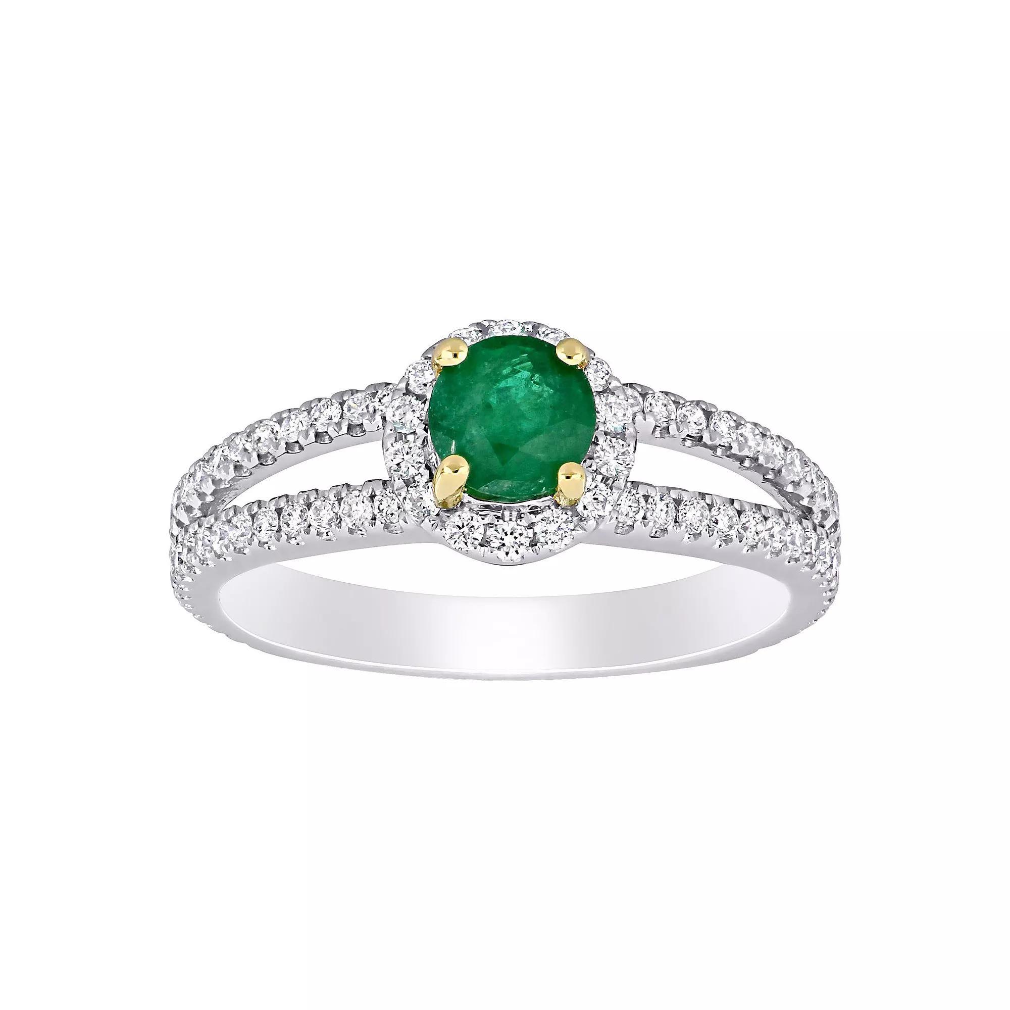 Stella Grace Two-Tone 14k Gold Emerald & 1/2 Carat T.W. Diamond Halo Split Shank Engagement Ring, Women's, Size: 7, 14k Two Tone Product Image