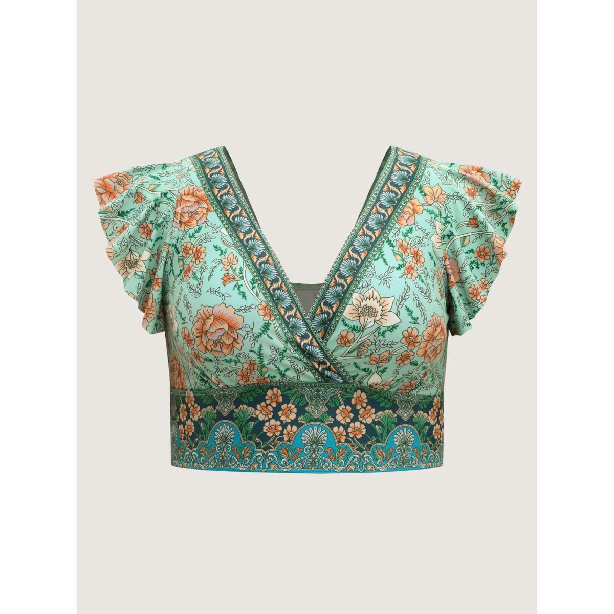 Plus Size Breezy Floral Print Ruffled Swim Top Women's Swimwear Mint Beach Ruffles High stretch Skinny Overlap Collar Curve Swim Tops BloomChic 28/5X Product Image