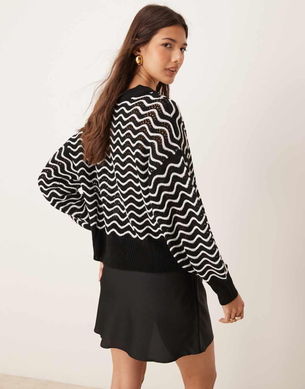 JDY zig zag stripe detail sweater in black and white Product Image