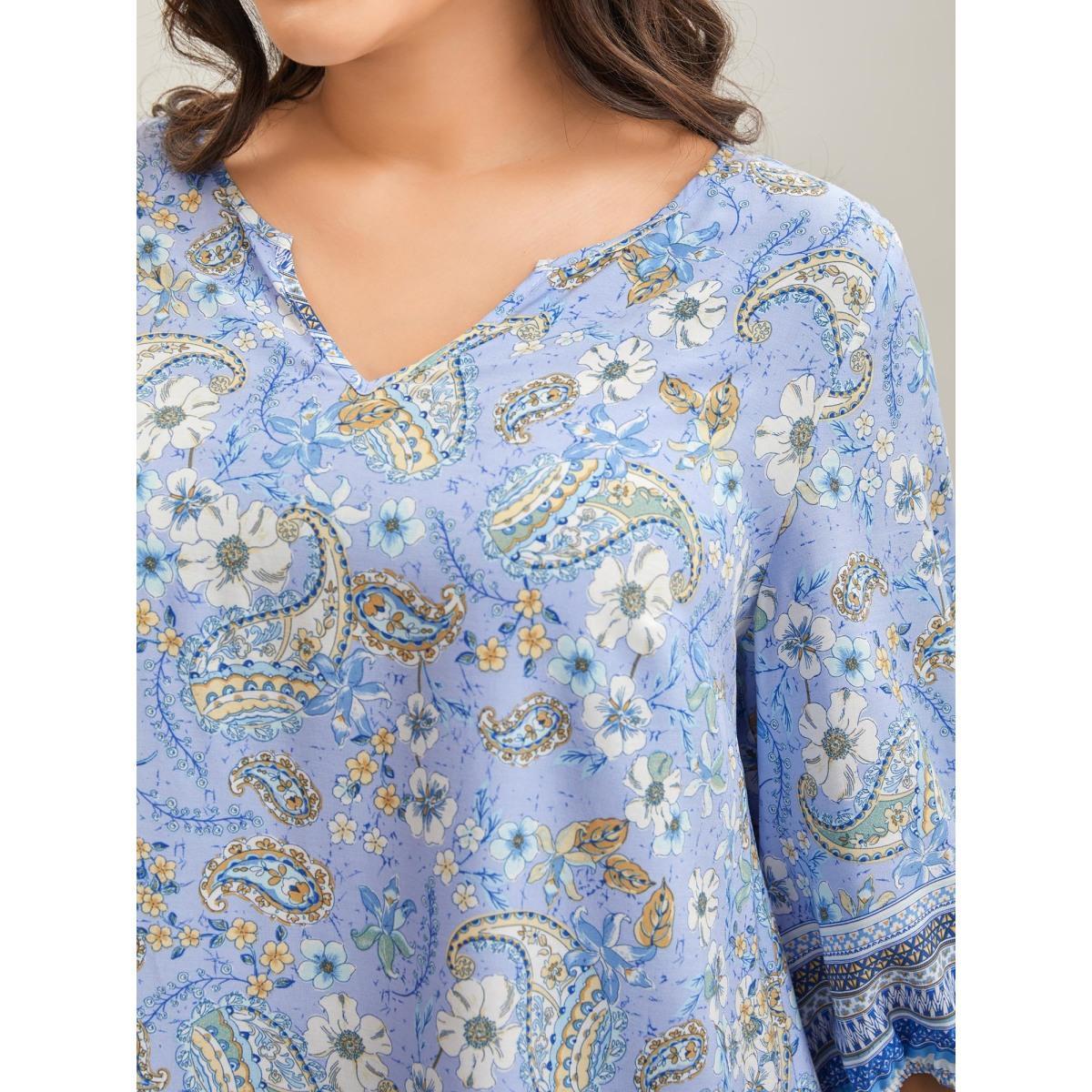 Plus Size Lavender Paisley Print Lantern Sleeve Flowy Blouse Women Elbow-length sleeve Notched collar Vacation Blouses BloomChic 26/4X Product Image