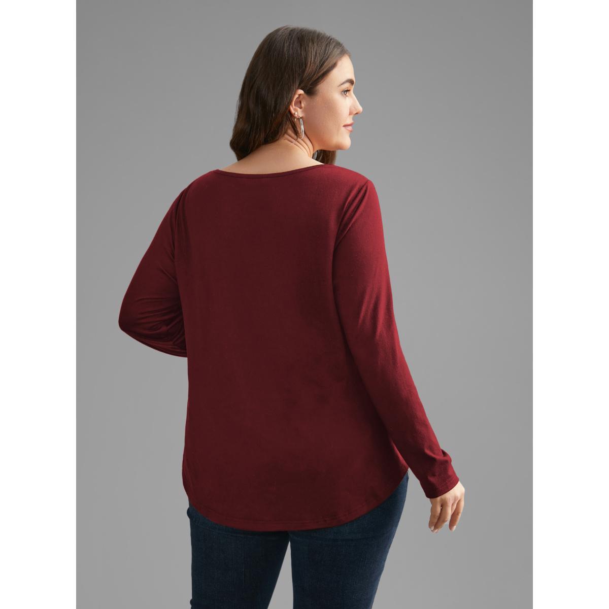 Plus Size Plain Lace Patchwork Crisscross T-shirt Burgundy Women Casual Patchwork U-neck Everyday T-shirts BloomChic 10/M Product Image