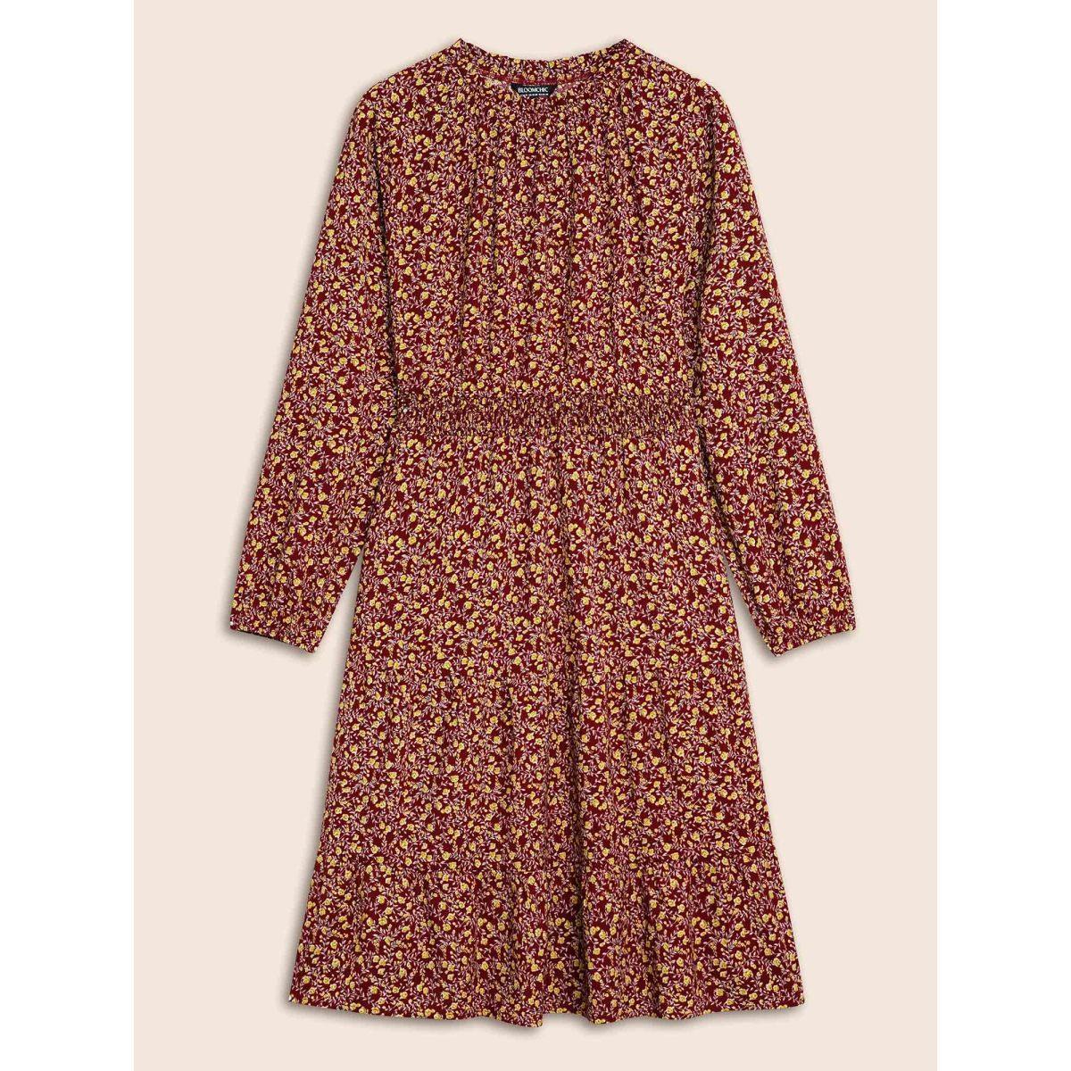Plus Size Ditsy Floral Shirred Frill Trim Dress Burgundy Women Elegant Frill Trim Mock Neck Long Sleeve Curvy BloomChic 18-20/2X Product Image