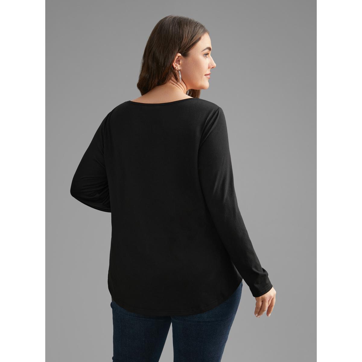 Plus Size Plain Lace Patchwork Crisscross T-shirt Black Women Casual Patchwork U-neck Everyday T-shirts BloomChic 28/5X Product Image