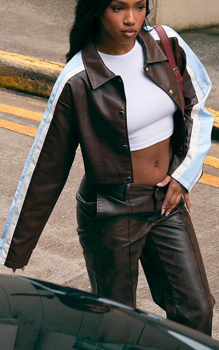 Brown Faux Leather Contrast Stripe Cropped Jacket Product Image