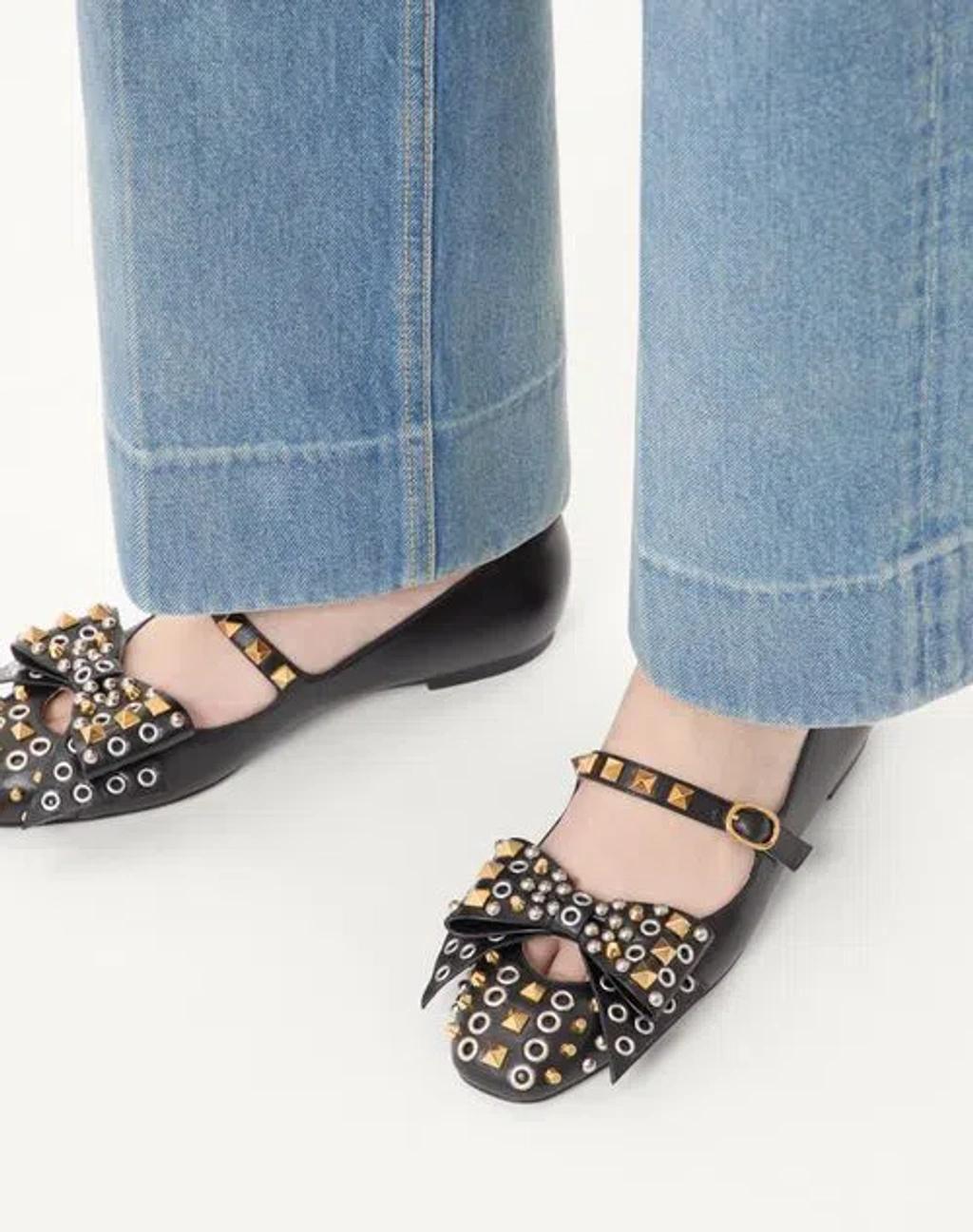 VALENTINO GARAVANI Mary-jane Bowow Ballerina In Kidskin With Studs Woman Black 35 In Multi Product Image