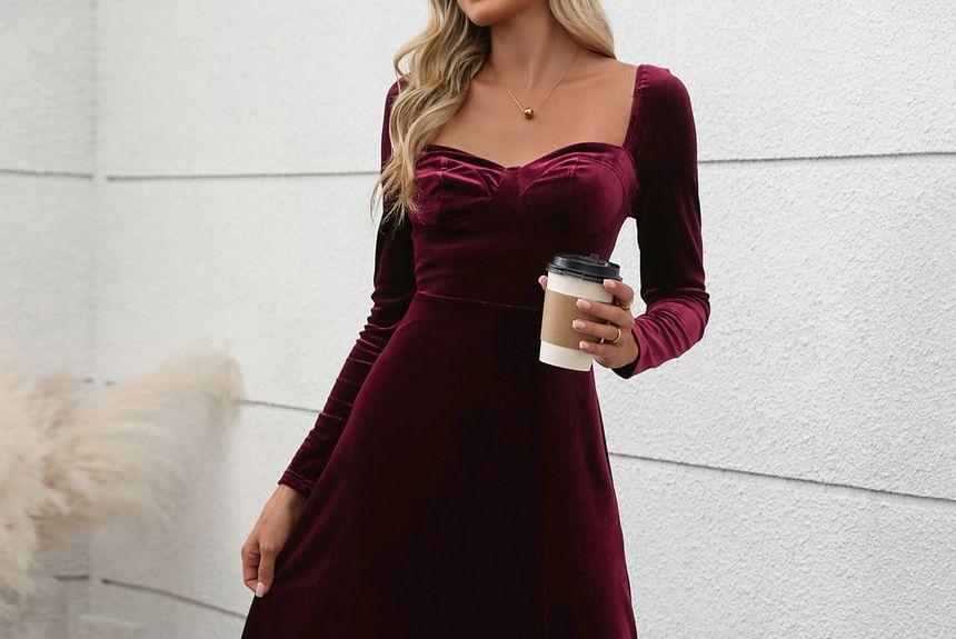Long Sleeve Square Neck Velvet Midi Bodycon Dress Product Image