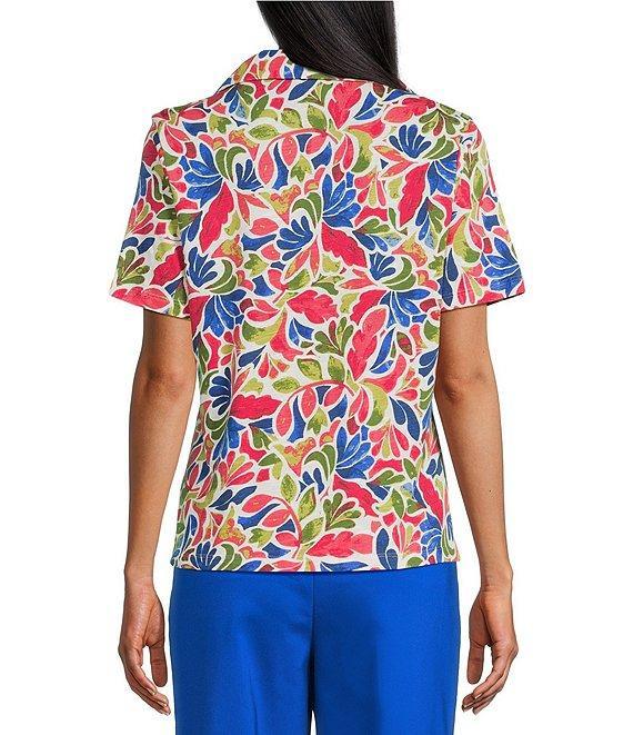 Investments Knit Folk Art Floral Short Sleeve Button Front Notch Collar Camp Top Product Image