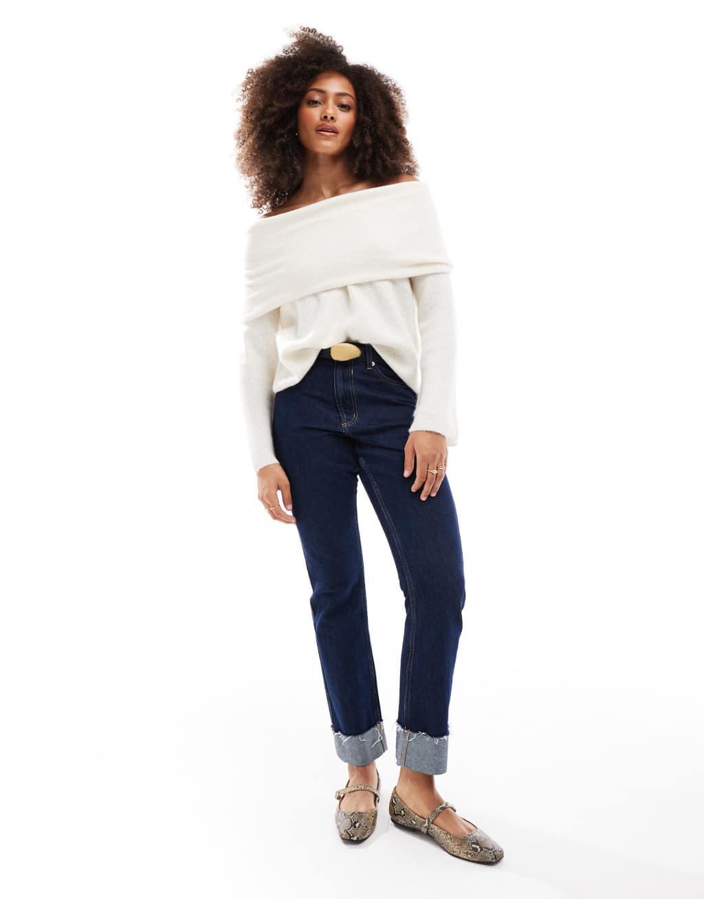 Vero Moda slouchy off shoulder sweater in snow white melange Product Image