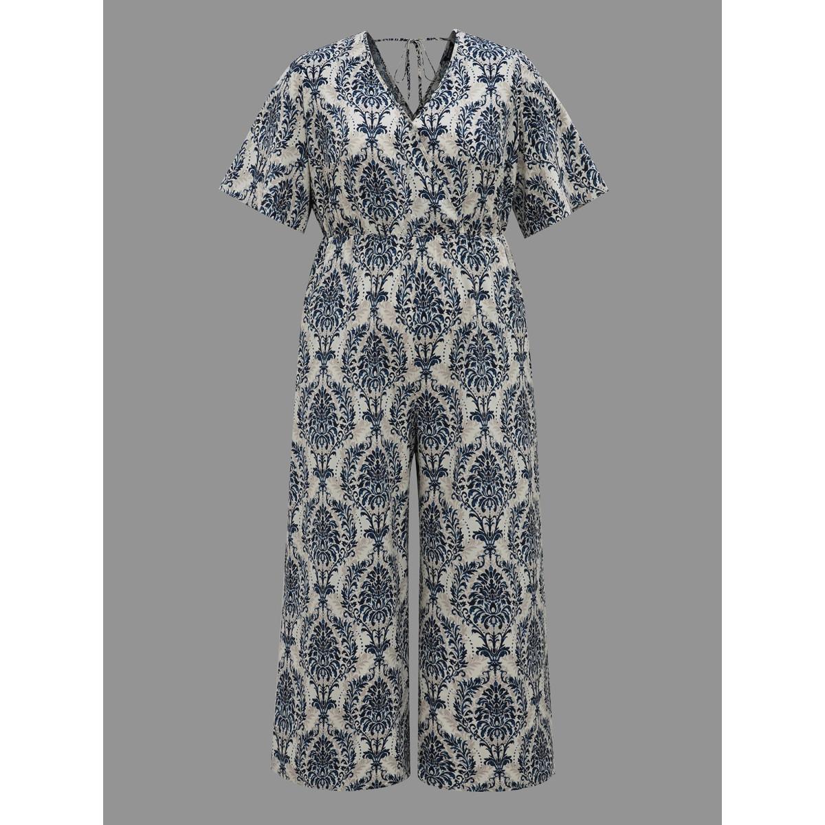 Plus Size Mediumblue Surplice Neck Ornate Print Ties Straight-Leg Jumpsuit Women Resort Half Sleeve Overlap Collar Vacation Loose Jumpsuits BloomChic 22-24/3X Product Image