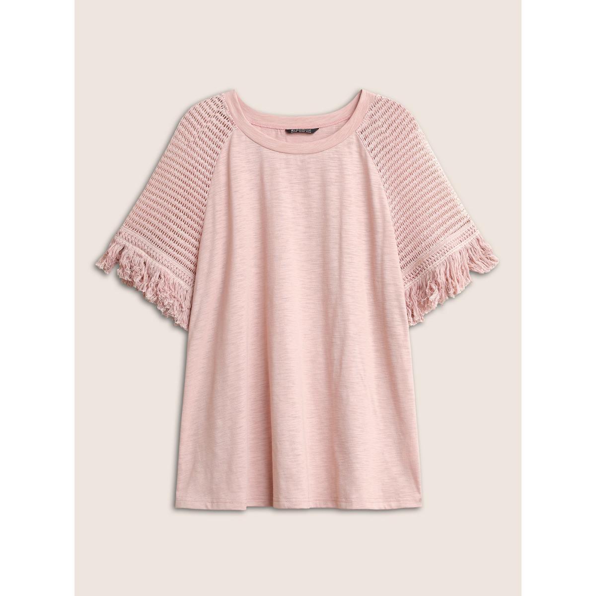Plus Size Solid Cut Out Raglan Sleeve Fuzzy Trim T-shirt Pink Women Elegant Non Plain Round Neck Everyday T-shirts BloomChic 14-16/1X Product Image