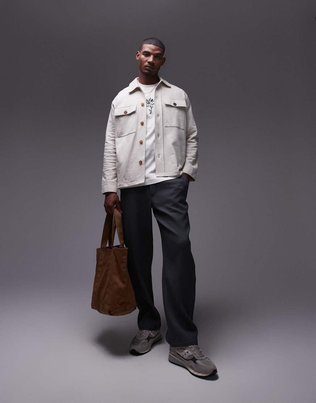 Topman oversized fit linen blend button up shacket in ecru Product Image