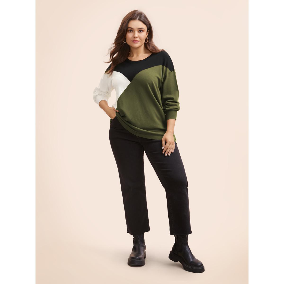 Plus Size Supersoft Essentials Colorblock Contrast Pullover ArmyGreen Women Casual Long Sleeve Round Neck Everyday Pullovers BloomChic 30/6X Product Image