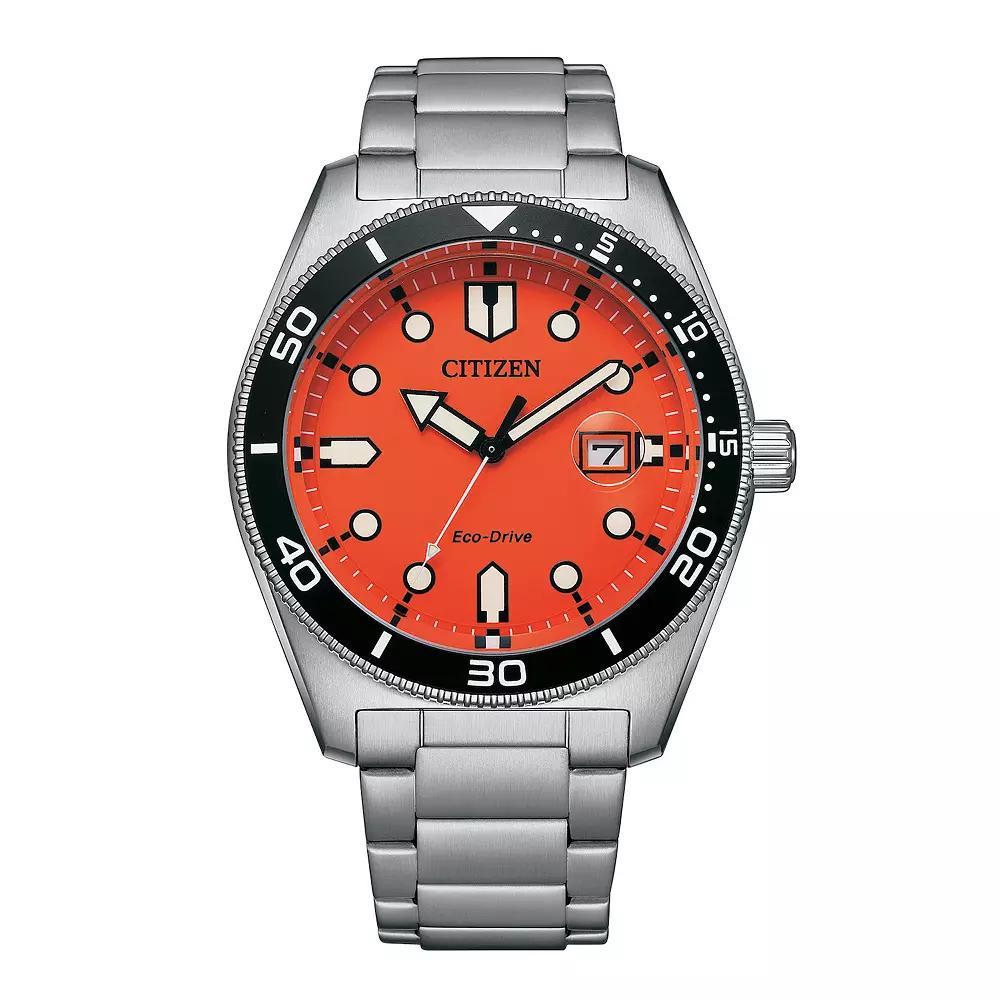 Citizen Mens Eco-Drive Marine Stainless Steel Bracelet Watch Orange Silver Product Image