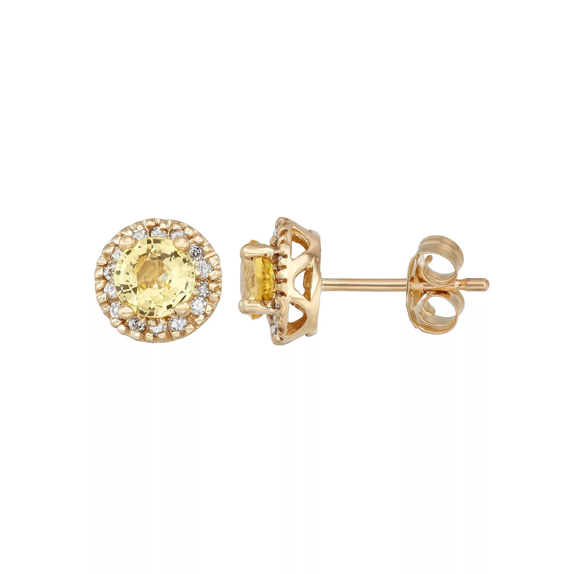 14k Gold Yellow Sapphire & 1/8 Carat T.W. IGL Certified Diamond Halo Earrings, Women's Product Image