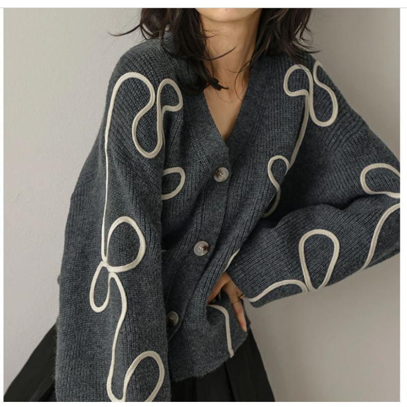 V-Neck Embroidered Button Crop Cardigan Product Image