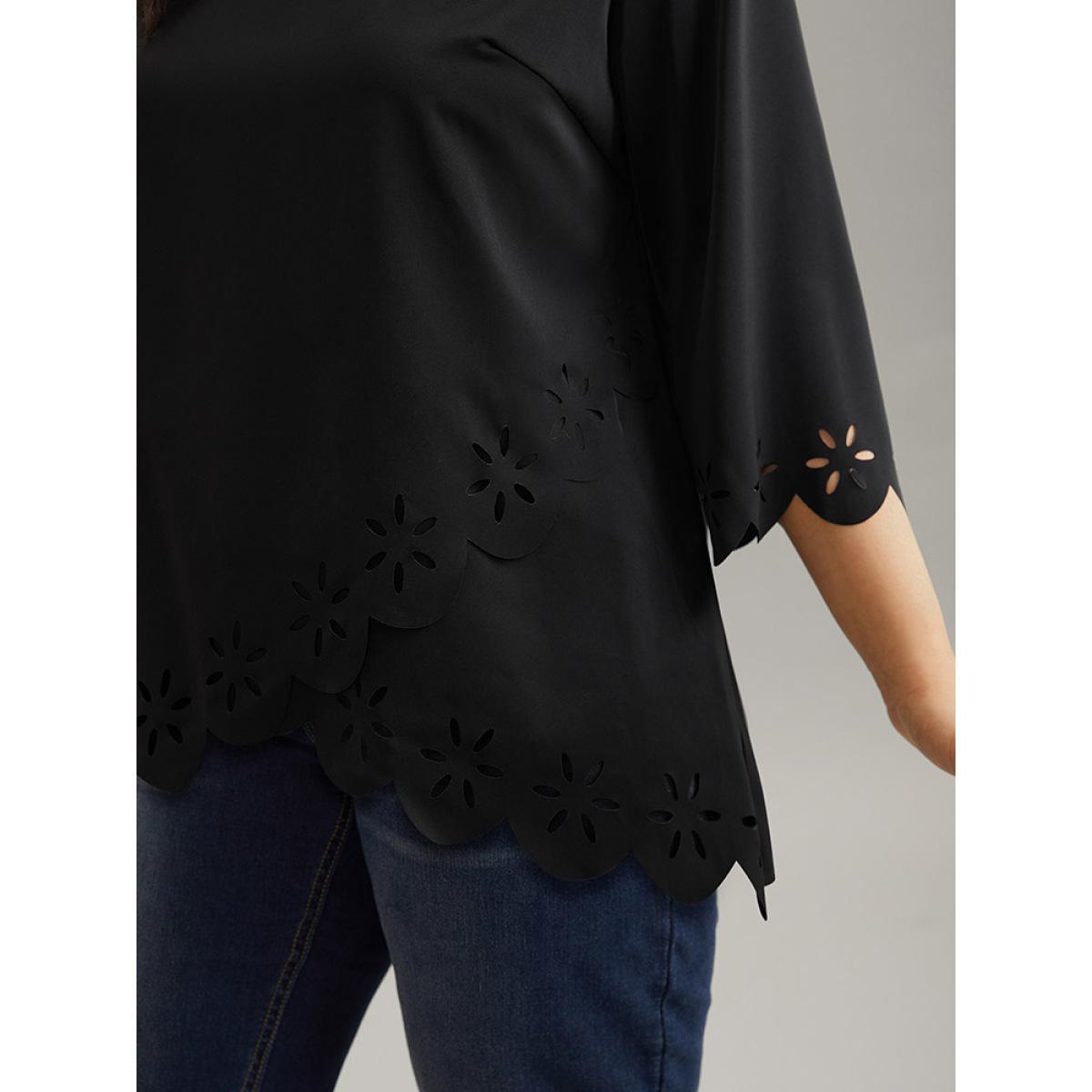 Plus Size Black Plain Laser Cut Crew Neck Scalloped Trim Blouse Women Elegant Elbow-length sleeve Round Neck Party Blouses BloomChic 14-16/1X Product Image