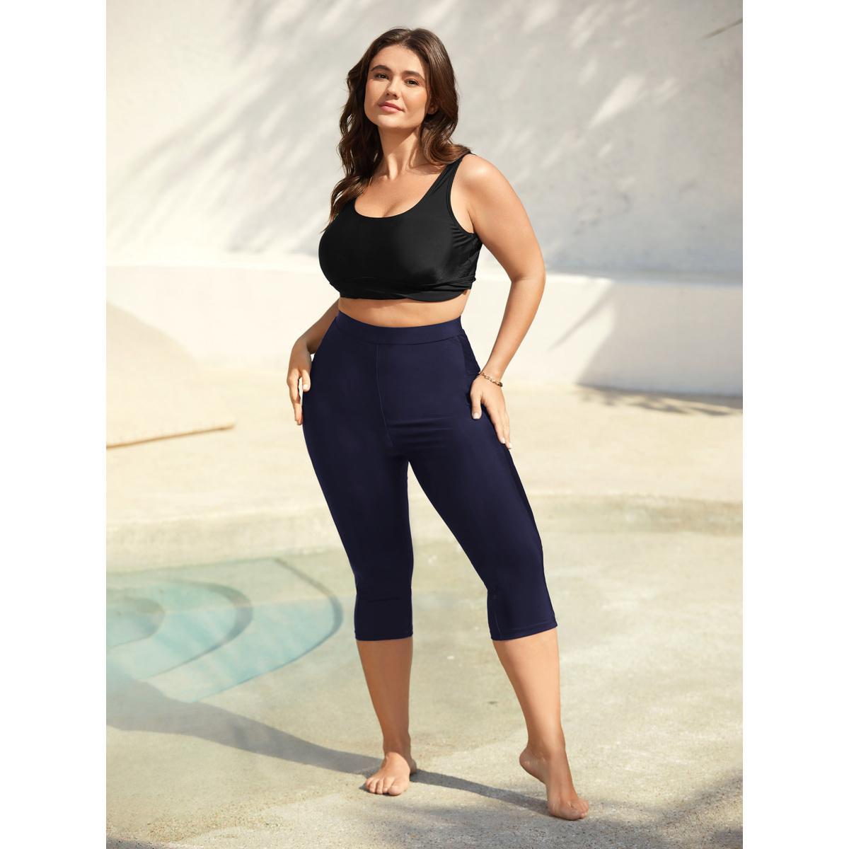 Plus Size Mid Rise Cropped Tight Swim Pants Women's Swimwear Indigo Beach High stretch Skinny High Rise Side seam pocket Curve Swim Bottoms BloomChic 18-20/2X Product Image
