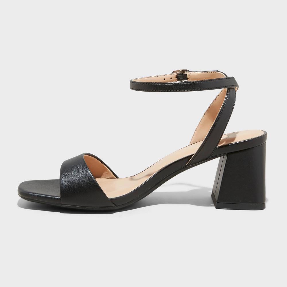 Women's Shannon Heels with Memory Foam Insole - A New Day™ Black 7W: Open Toe Block Heel Sandals, Adjustable Buckle Strap Product Image