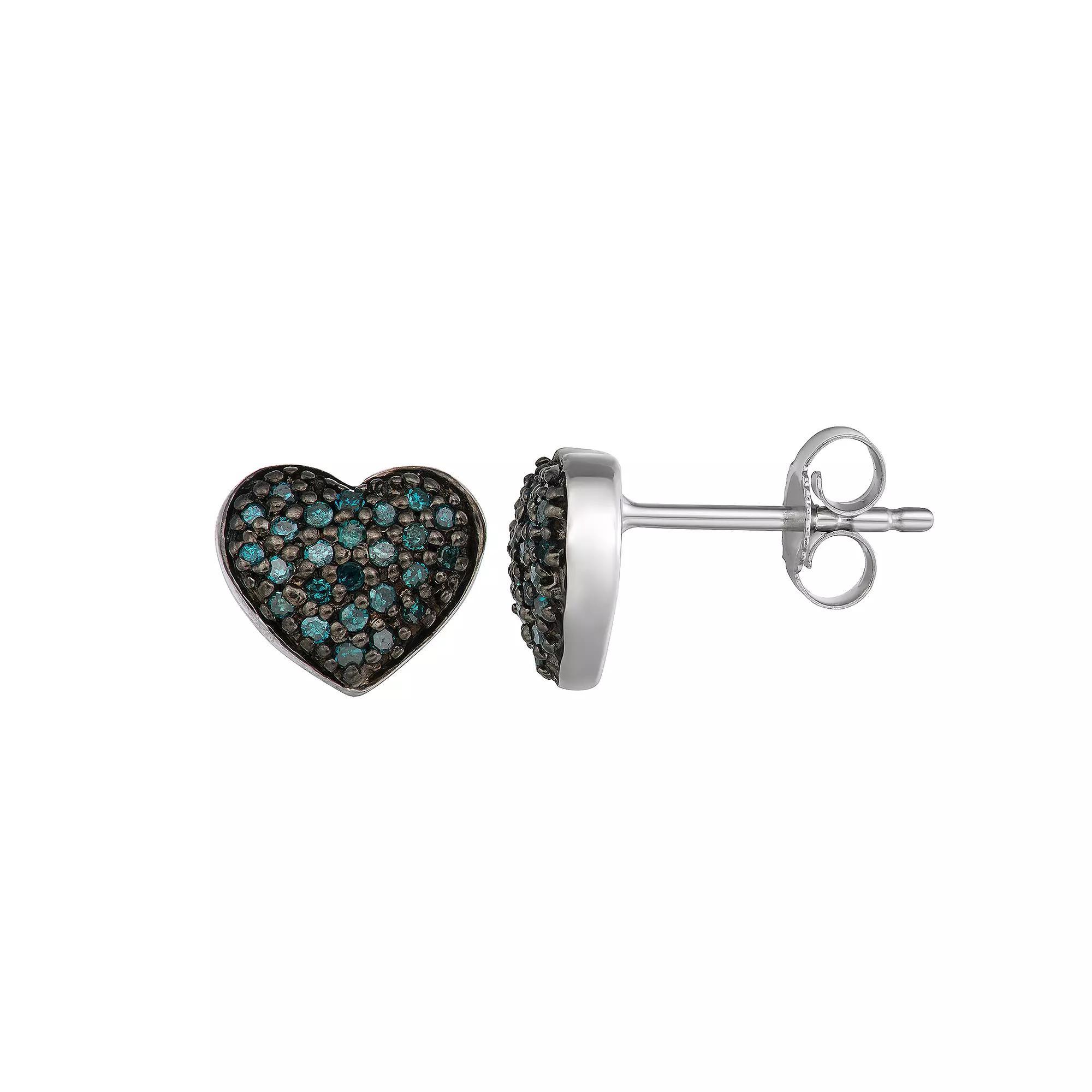 Sterling Silver 1/4 Carat T.W. Blue Diamond Heart Earrings, Women's, Silver Tone Product Image