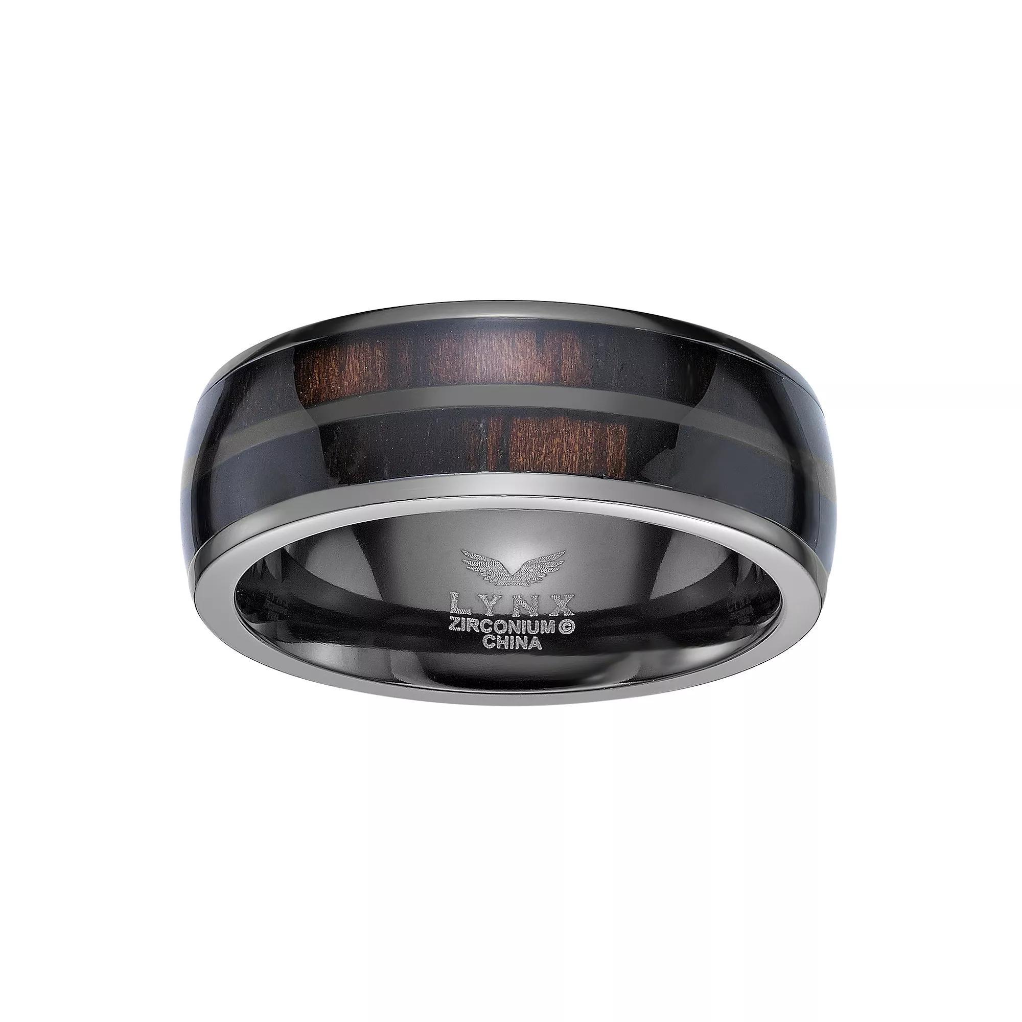 LYNX Men's Black Zirconium Wood Inlay Ring, Size: 8, Stainless Product Image