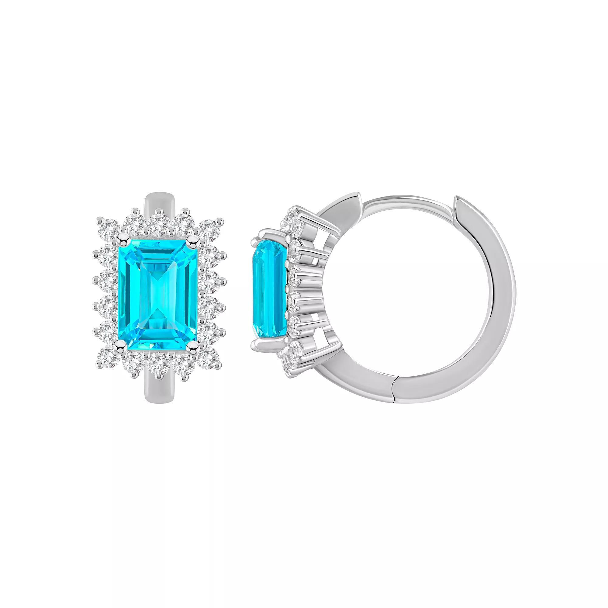 Celebration Gems Sterling Silver Emerald Cut Gemstone & White Topaz Halo Huggie Hoop Earrings, Women's, Blue Topaz Product Image