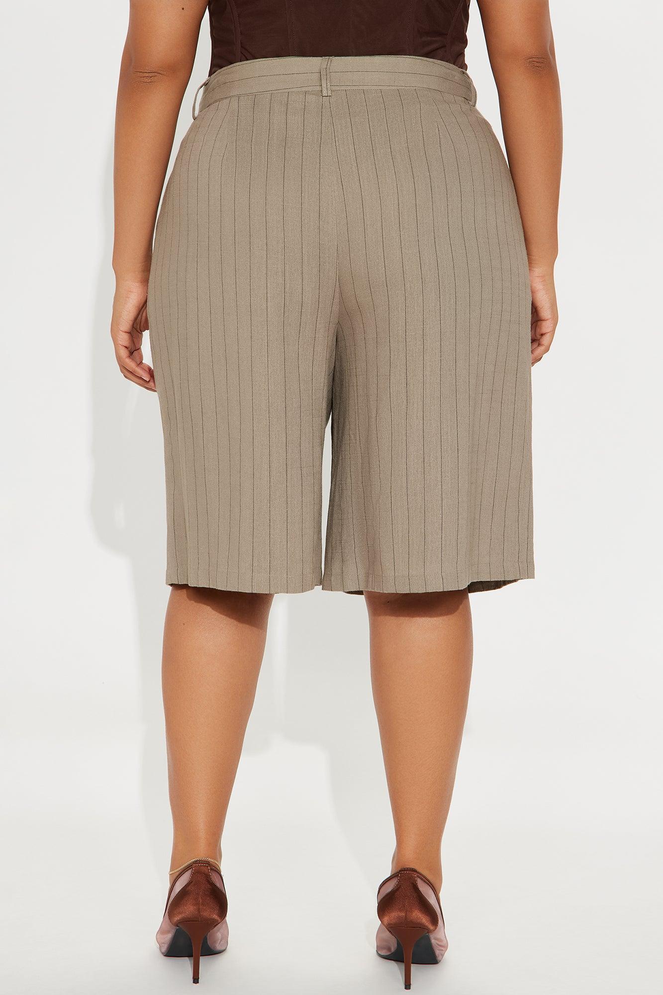 Penelope Pinstripe Linen Trouser Short - Mocha Product Image
