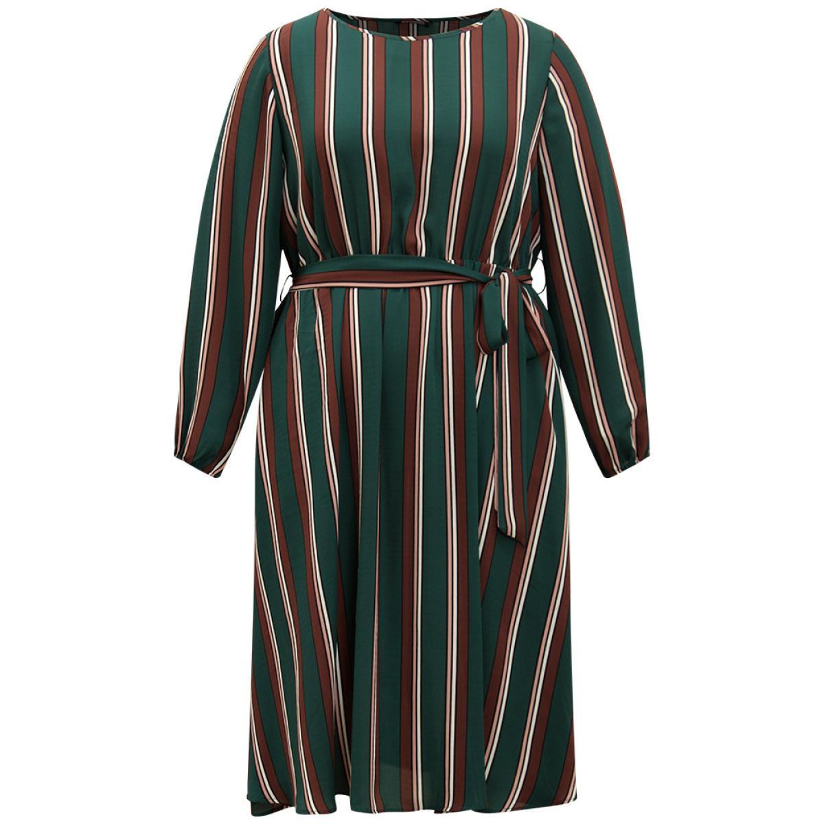 Plus Size Striped Contrast Crew Neck Belted Dress Multicolor Women Office Elastic cuffs Round Neck Long Sleeve Curvy Midi Dress BloomChic 30/6X Product Image