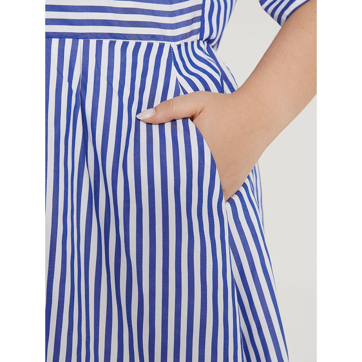 Plus Size V Neck Striped Pocket Ruffle Hem Button Detail Dress Blue Women Elegant Texture V-neck Half Sleeve Curvy Midi Dress BloomChic 14-16/1X Product Image