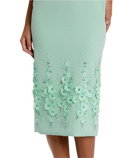 Mac Duggal Boat Neck Sleeveless 3D Floral Applique Crepe Sheath Midi Dress Product Image