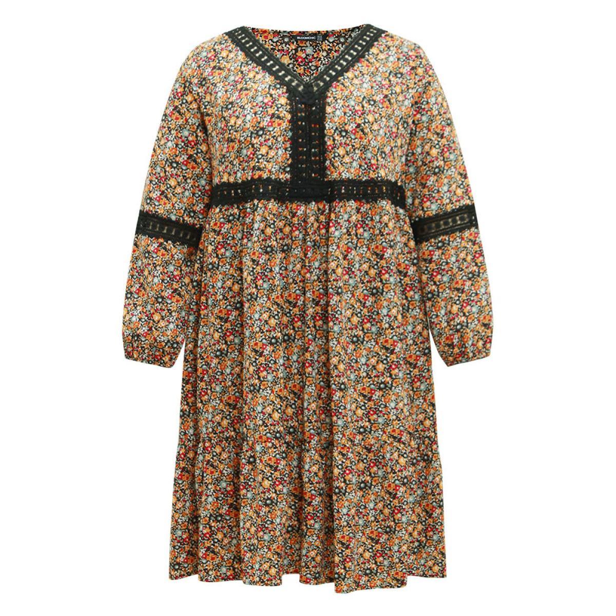 Plus Size Ditsy Floral Lace Panel Lantern Sleeve Dress Multicolor Women Vacation Elastic cuffs V-neck Long Sleeve Curvy Midi Dress BloomChic 14-16/1X Product Image