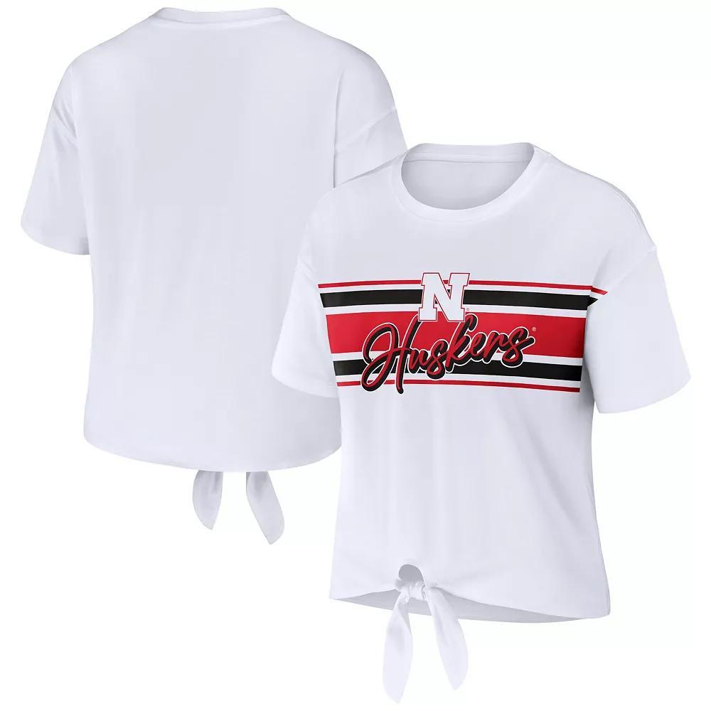 Women's WEAR by Erin Andrews White Nebraska Huskers Striped Front Knot Cropped T-Shirt, Size: Large Product Image