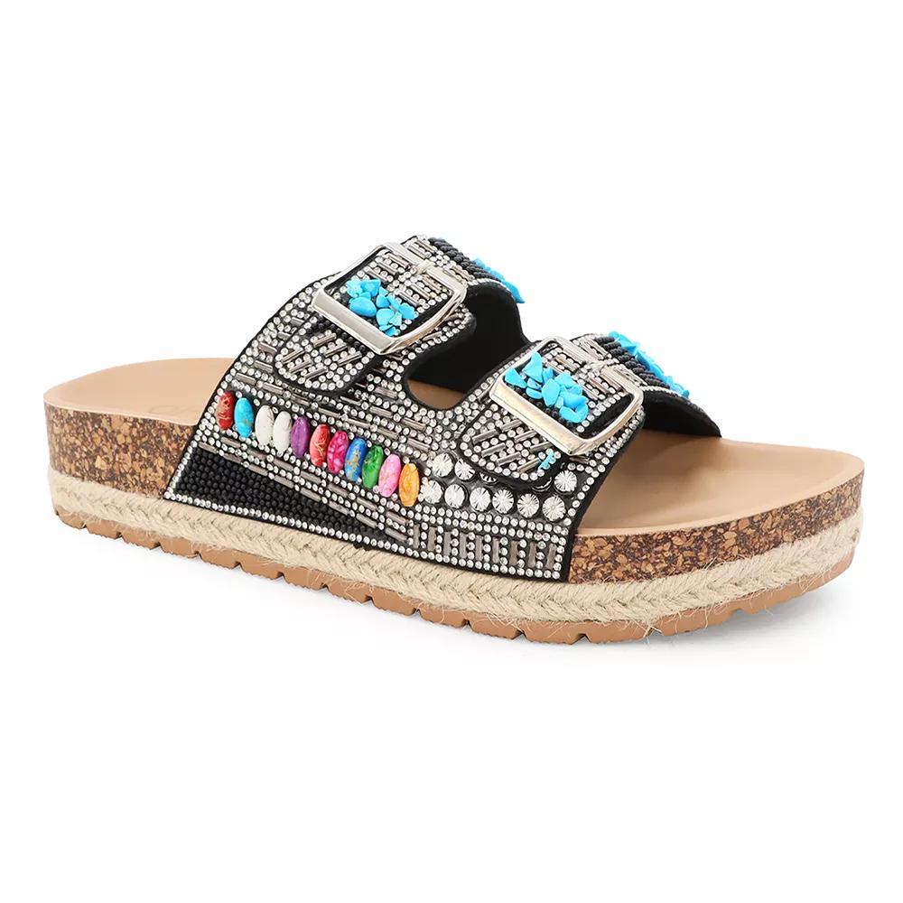 Yoki Espadrille Beaded Platform Double Buckle Women's Sandals, Size: 9, Black Product Image