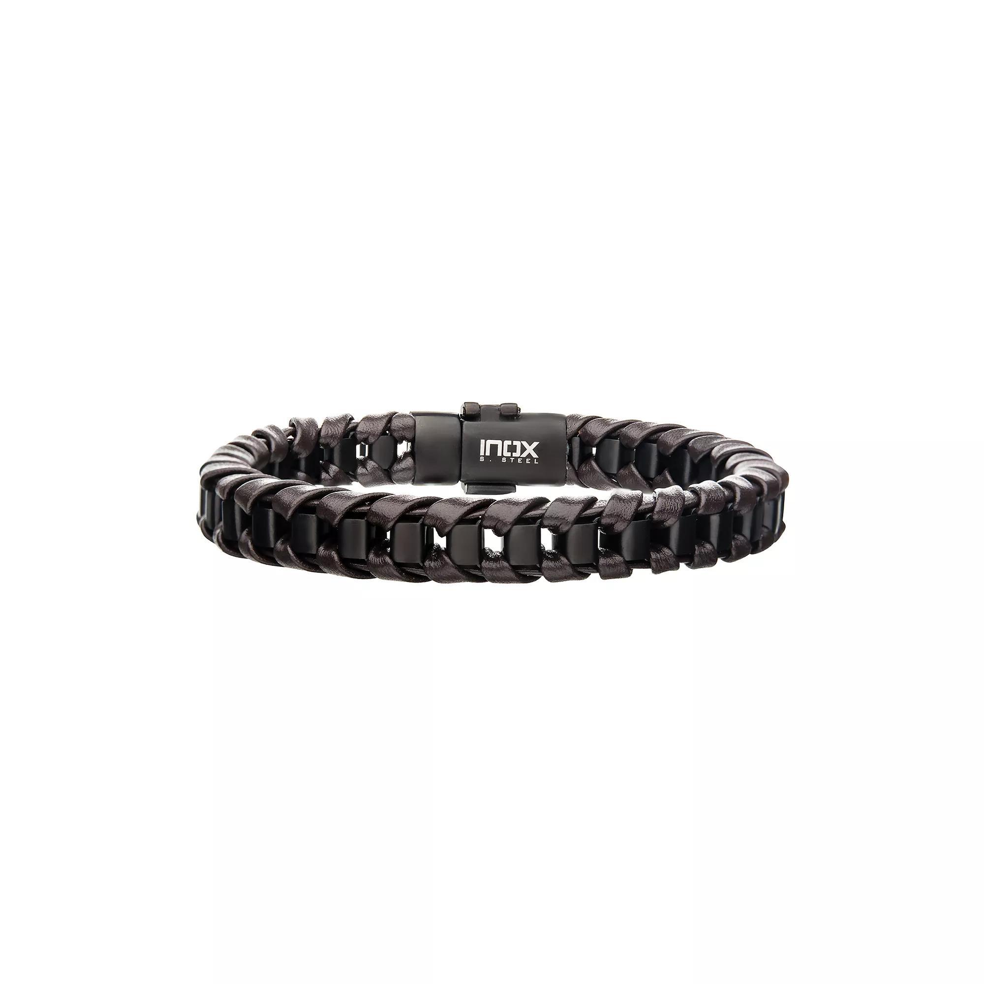 Mens Brown Leather & Black Plated Bracelet Two Tone Product Image