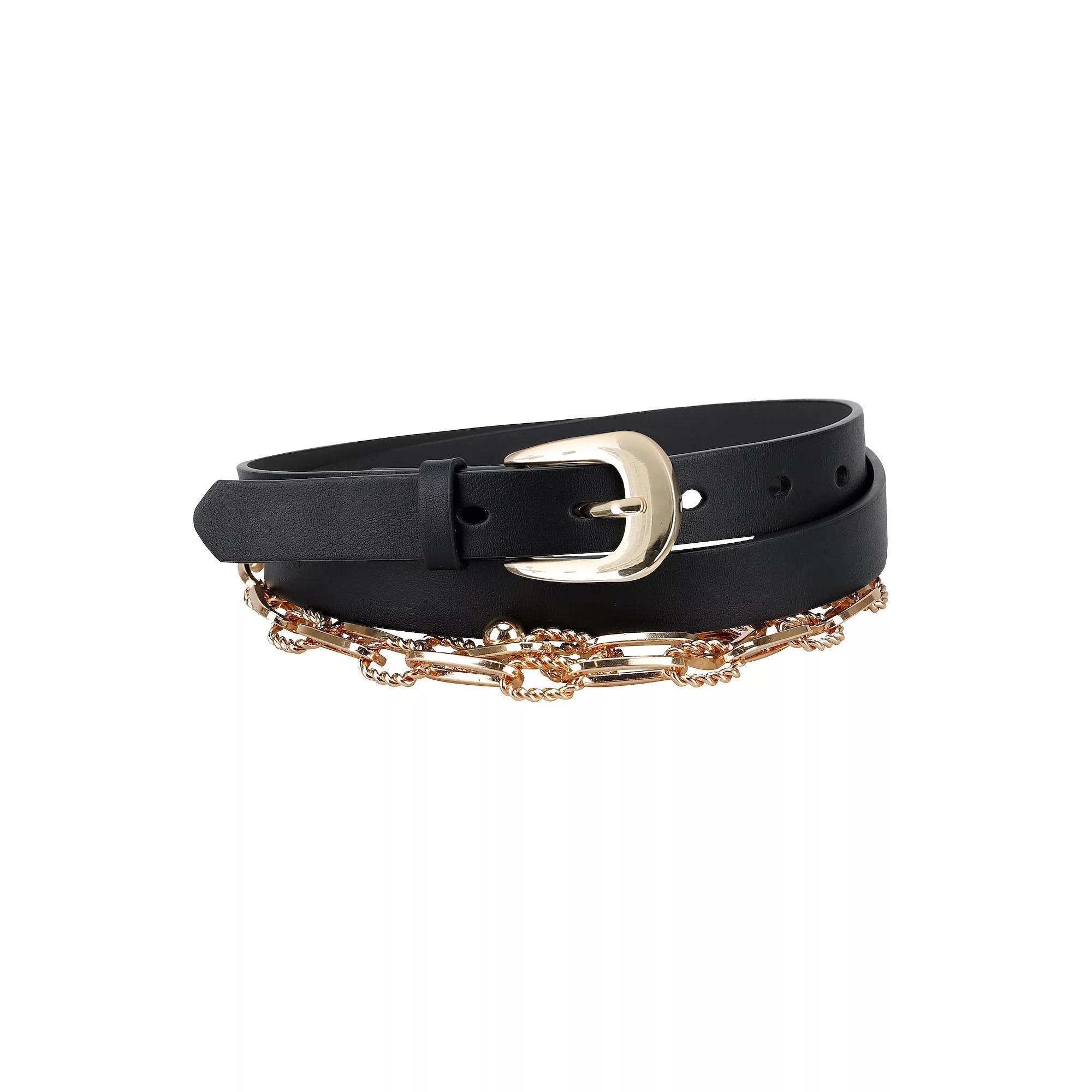 Women's LC Lauren Conrad 2-Piece Chain Belt & Western Harness Buckle Belt Set, Size: Large, Black Product Image