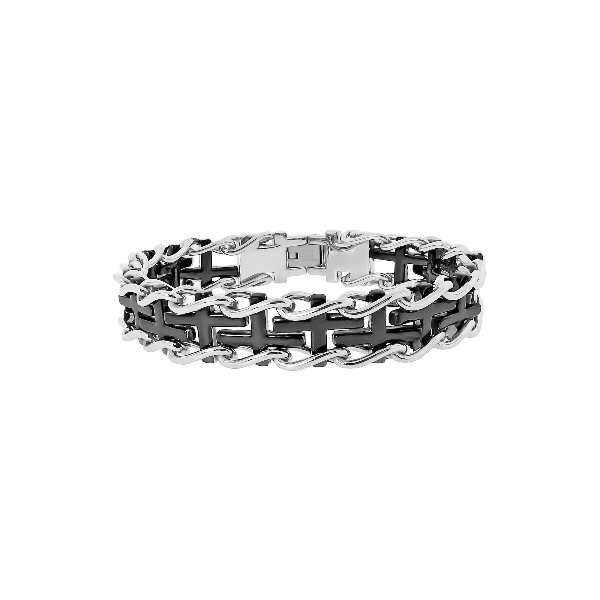 LYNX Two Tone Ion-Plated Stainless Steel Sideways Cross Railroad  Bracelet -  Men, Men's, Size: 9", Black Product Image