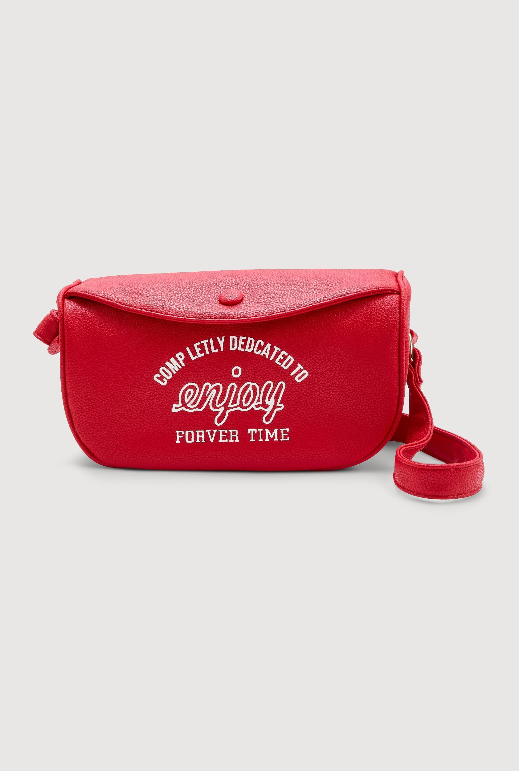 Womens Enjoy Graphic Faux Leather Half Moon Crossbody Bag Product Image