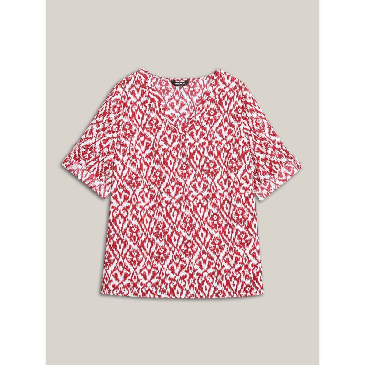 Plus Size Burgundy Geometric Print Gathered Sleeve Shirt Women Resort Elbow-length sleeve Notched collar Vacation Blouses BloomChic 18-20/2X Product Image
