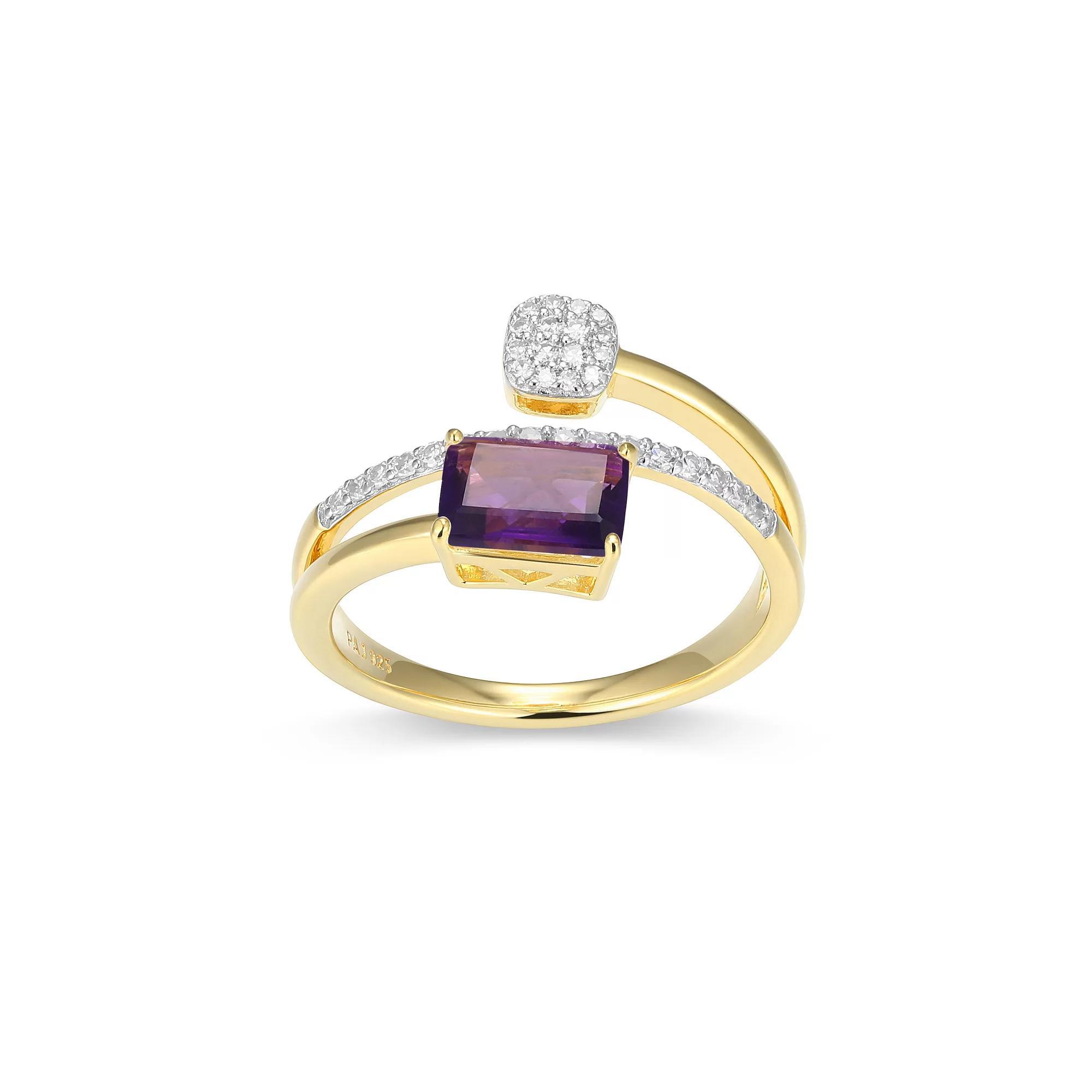 18k Gold and Rhodium Over Sterling Silver 1/5 Carat T.W. Lab-Grown Diamond Emerald Cut Bypass Birthstone Ring, Women's, Genuine Purple Feb Product Image