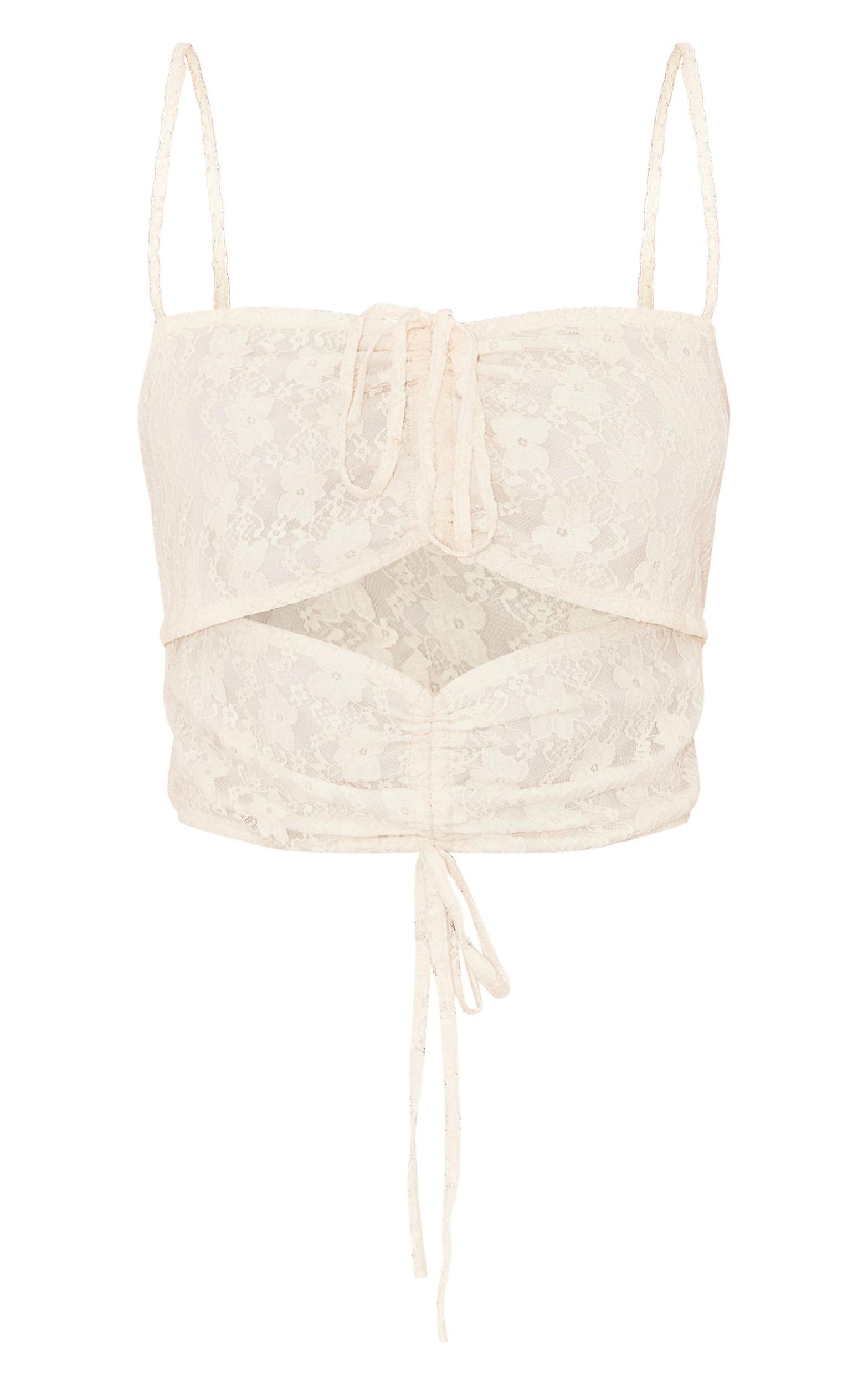 Cream Floral Lace Textured Cut Out Tie Crop Top Product Image