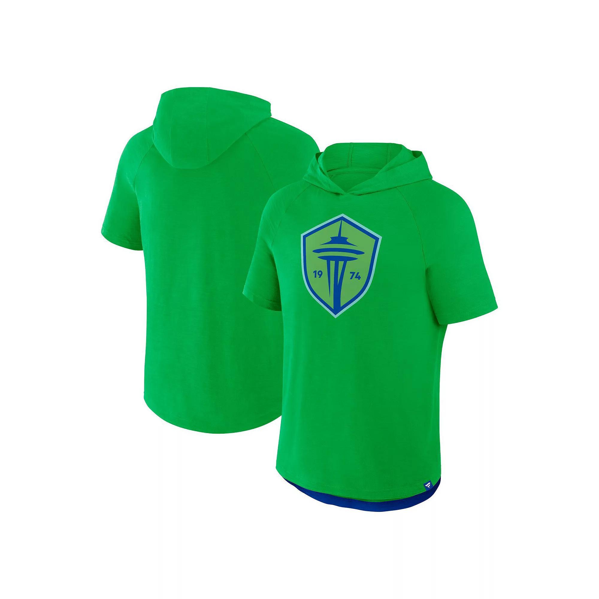 Men's Fanatics Rave Green Seattle Sounders FC Hat Trick Stadium Slub Raglan Short Sleeve Pullover Hoodie, Size: 3XL Product Image