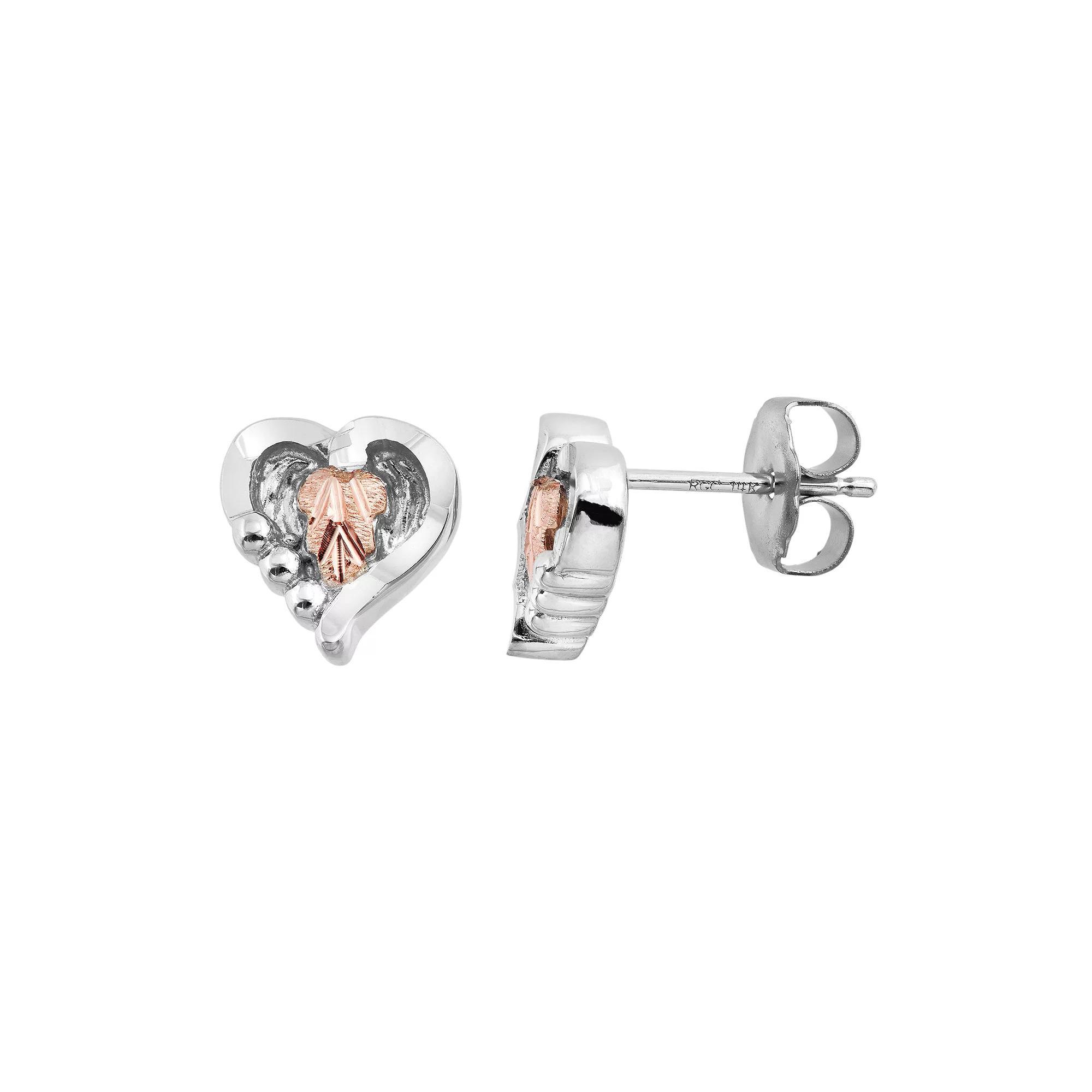 Black Hills Gold Two Tone Leaf Heart Stud Earrings in Sterling Silver, Women's Product Image