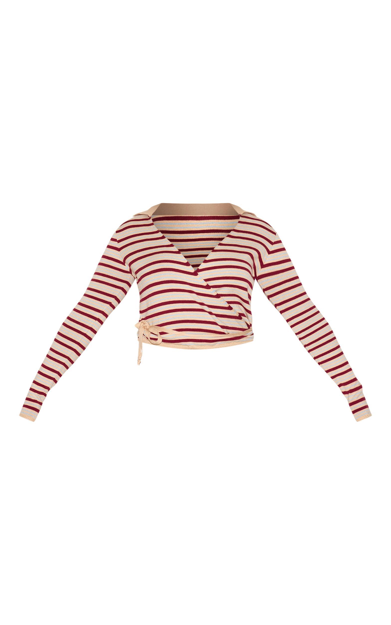 Shape Cream Knitted Striped Tie Waist Collared Sweater Product Image