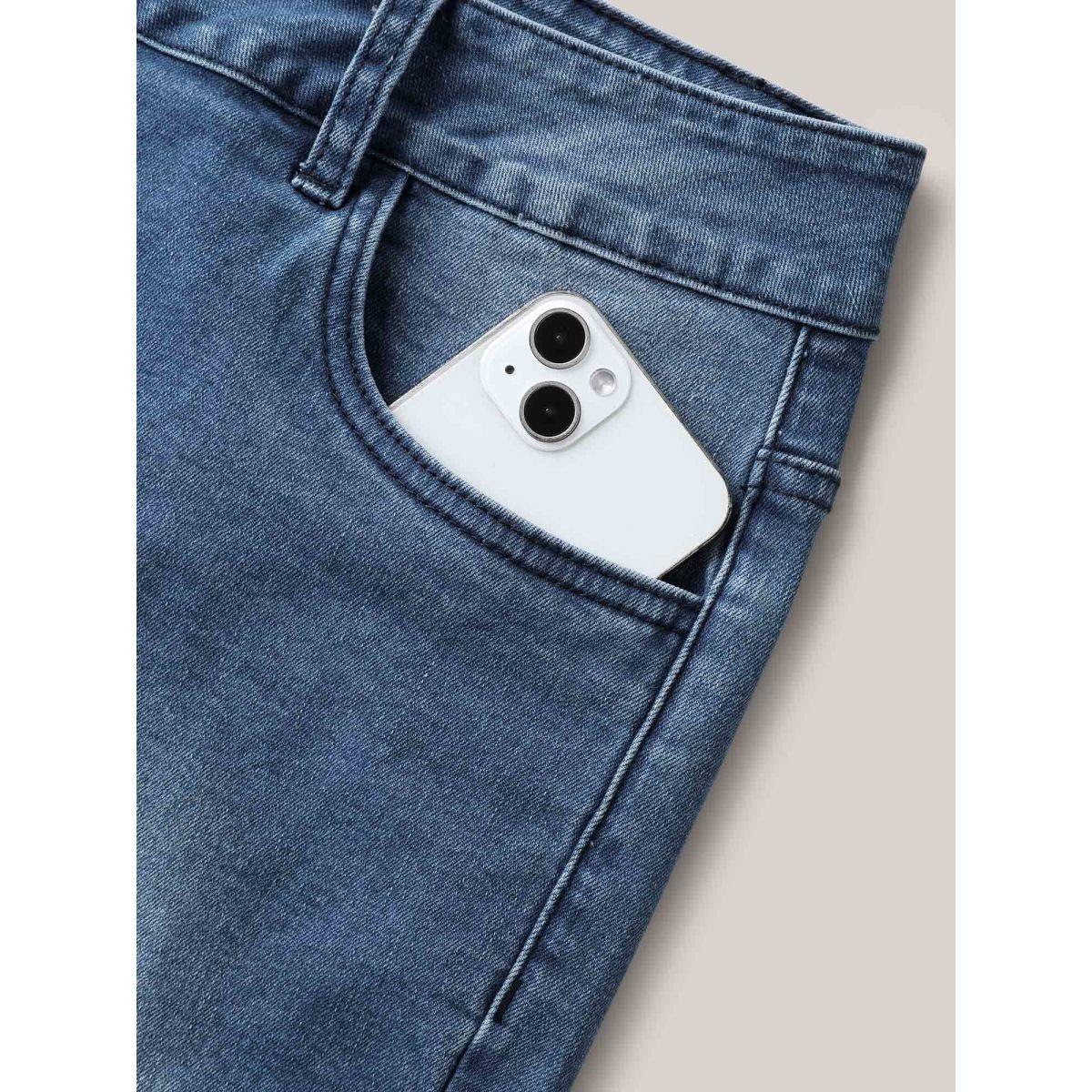 Plus Size Frayed Hem High Rise Denim Shorts Women Midblue Medium stretch Everyday-Casual Slanted pocket Denim Shorts BloomChic 10/M Product Image