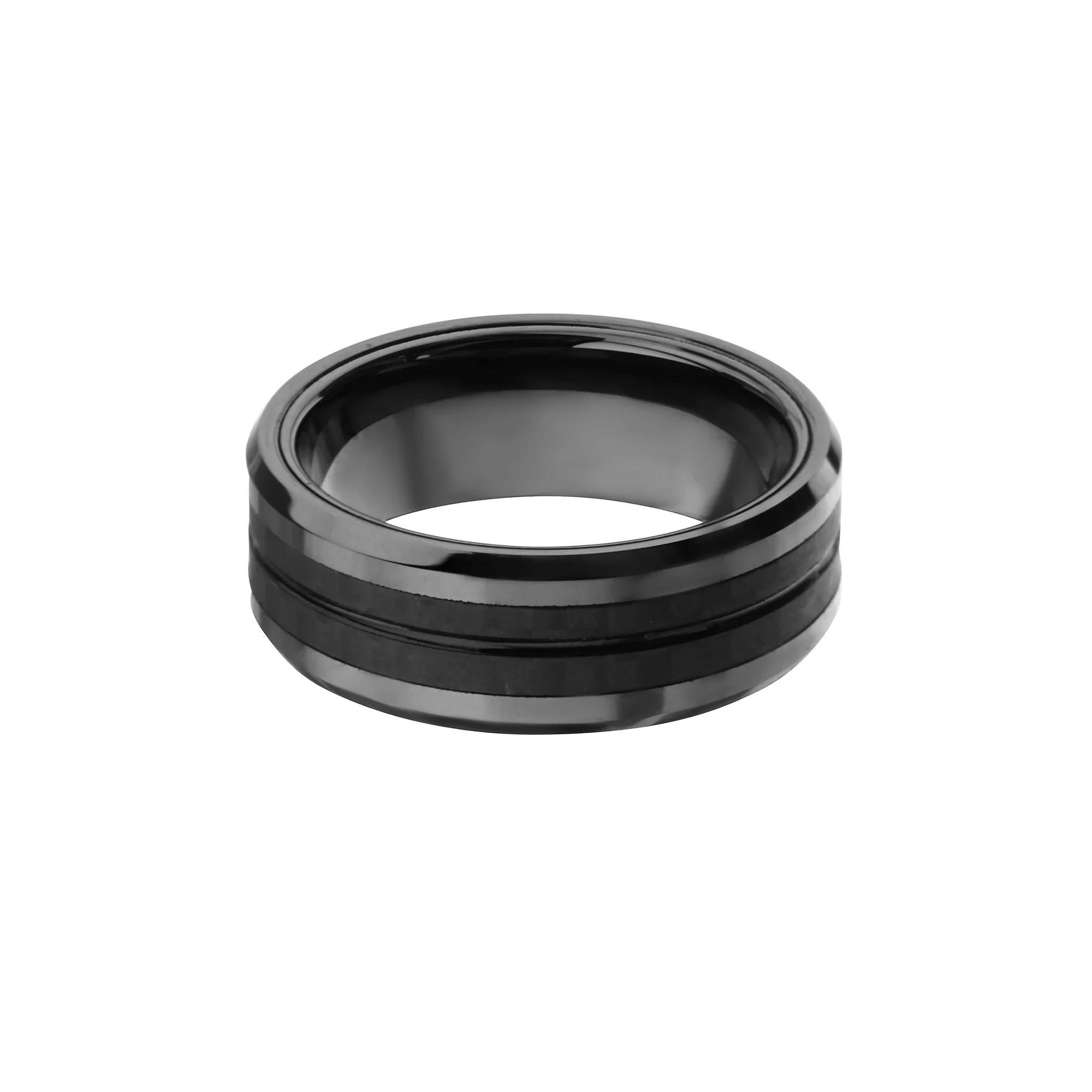 Men's Black Stainless Steel & Carbon Fiber Double Line Ring, Size: 11 Product Image