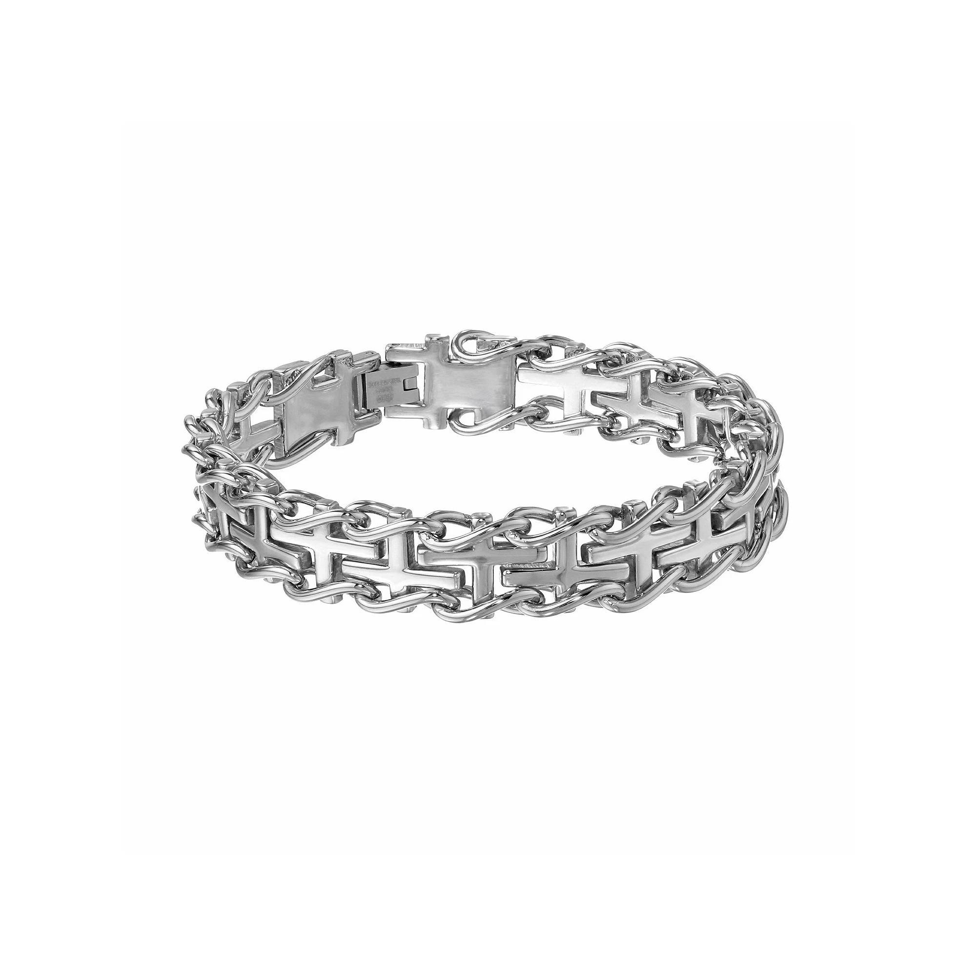 LYNX Stainless Steel Sideways Cross Railroad Bracelet - Men, Men's, Size: 9", Grey Product Image