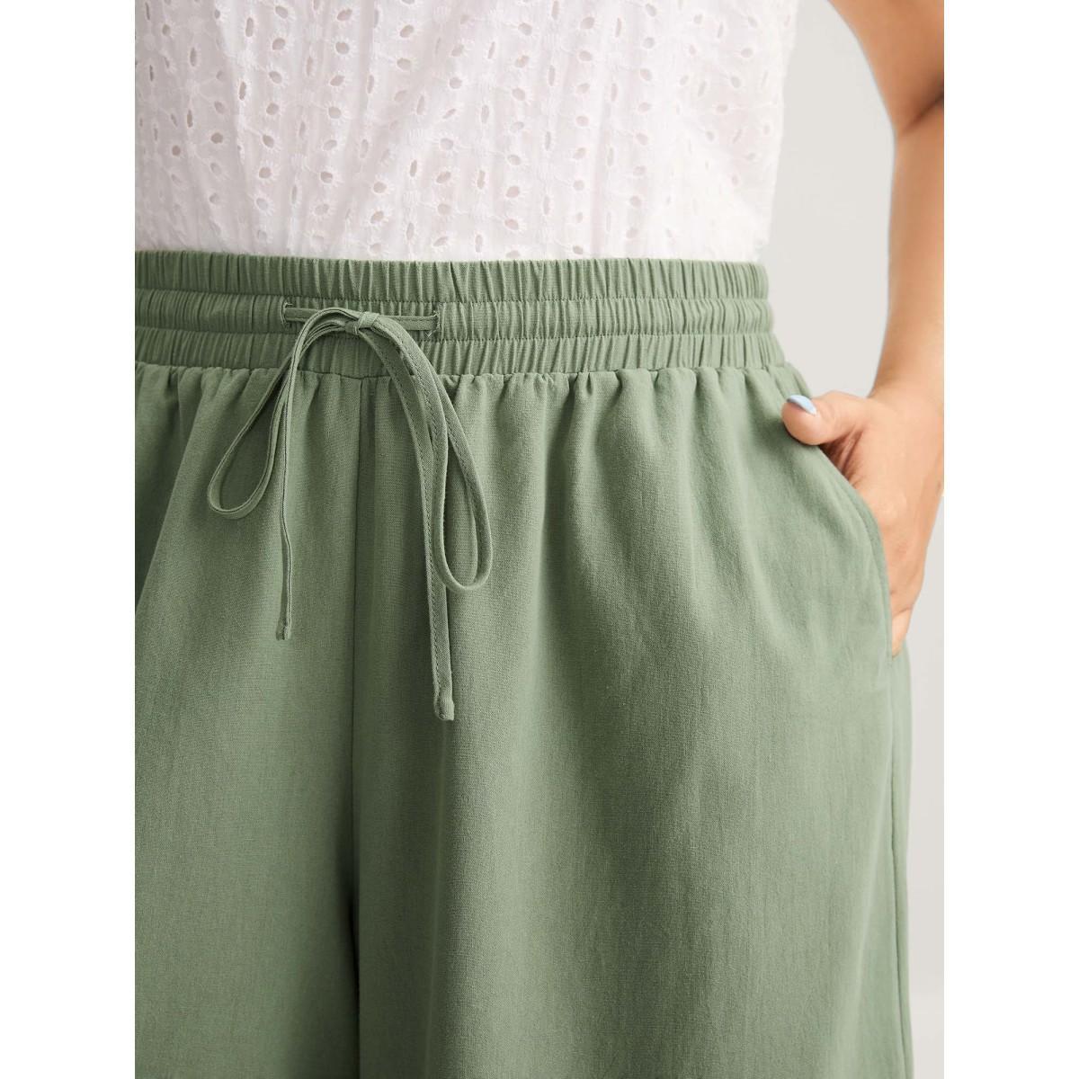 Plus Size Shirred Drawstring Solid Wide-Leg Pants Women Mint Casual Wide Leg Mid Rise Everyday-Casual Pants BloomChic 30/6X Product Image